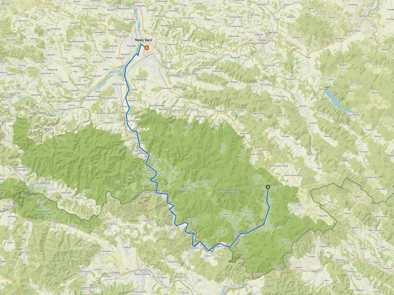 Trasy rowerowe Nowy Sącz i okolice. Mapa pokazuje malowniczą trasę przez góry i doliny, idealną dla miłośników aktywnego wypoczynku.