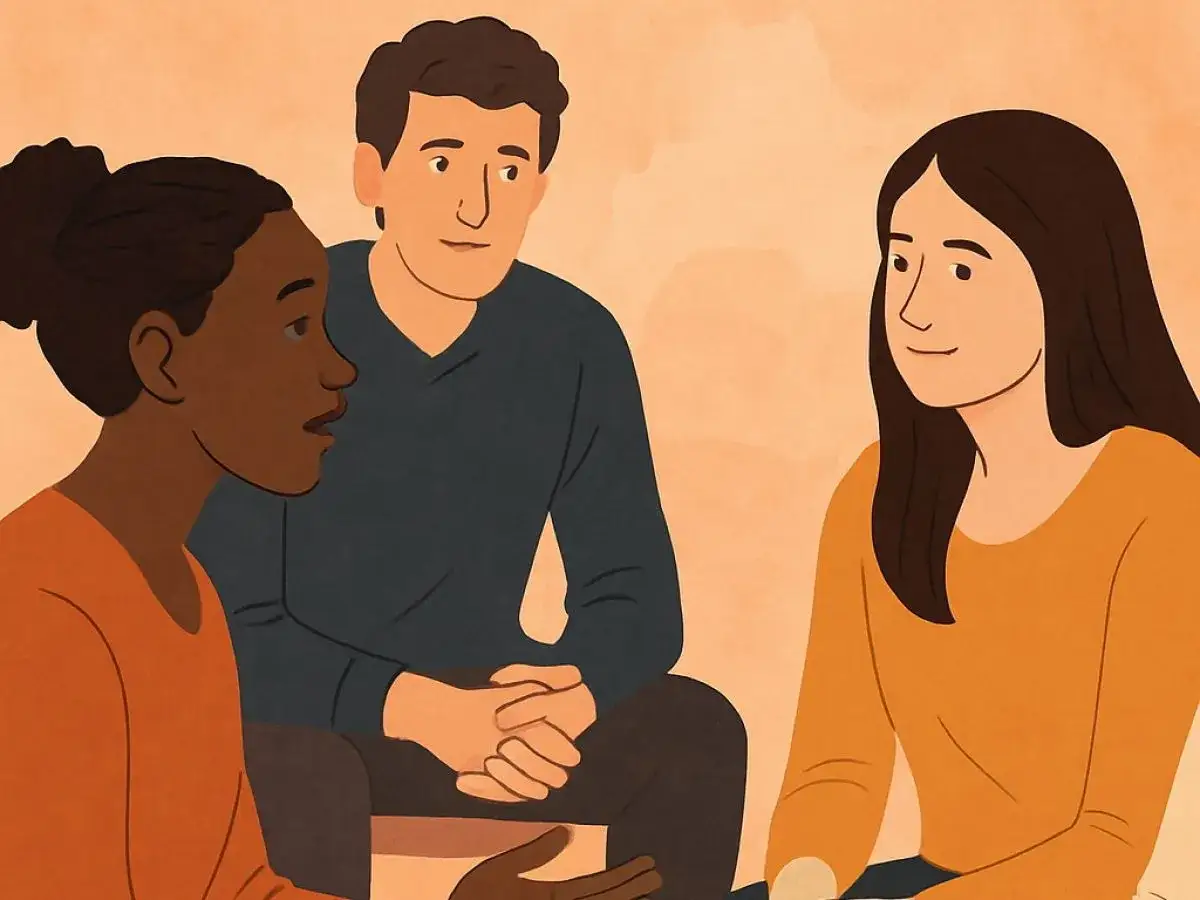 Trzy osoby rozmawiają. Mężczyzna w środku, otoczony przez kobiety, symbolizuje r&oacute;żne typy mężczyzn w relacjach.