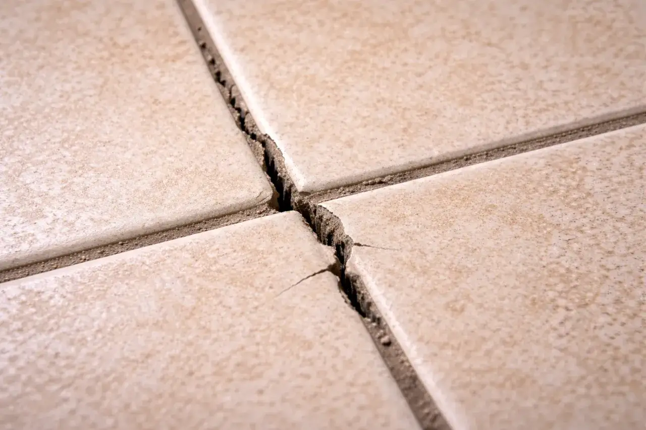 Płytki łazienkowe uszkodzone wilgocią i pękające fugi