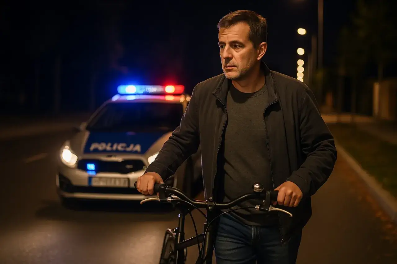 Mężczyzna z rowerem i radiowozem policyjnym w tle. Czy można jechać rowerem po alkoholu? To pytanie zadaje sobie wielu.