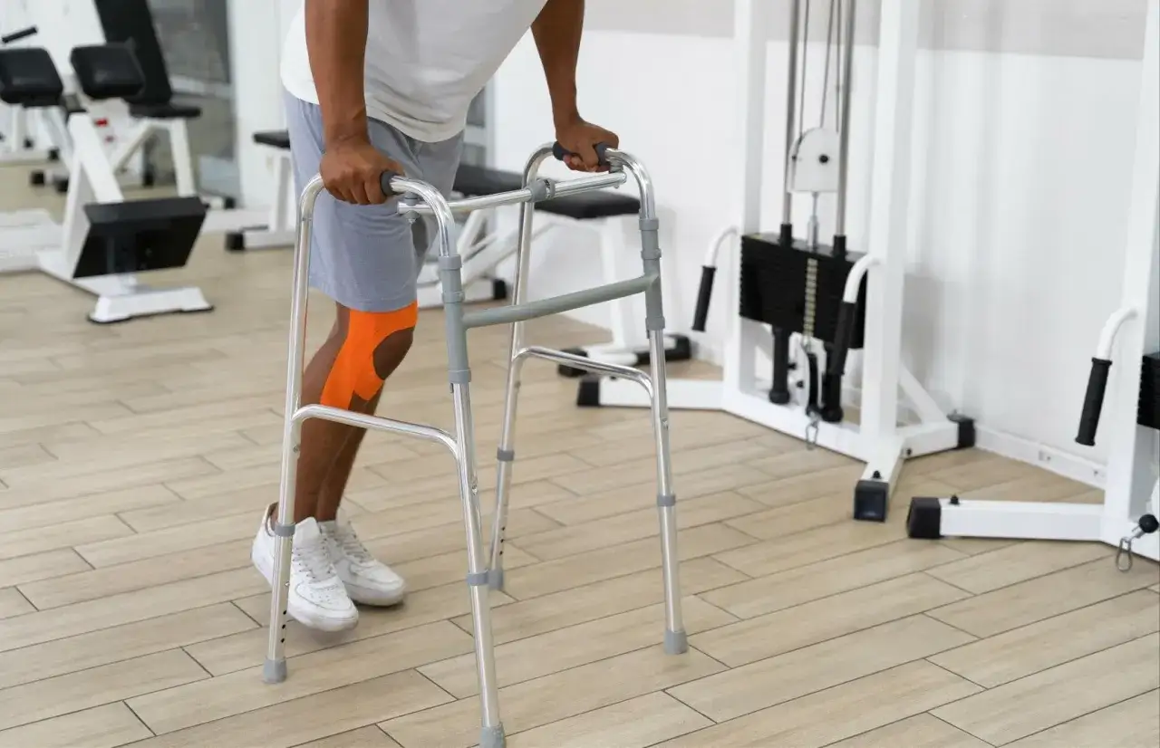 Mężczyzna z pomarańczowym plastrem na kolanie ćwiczy z balkonikiem w siłowni. Czy na L4 można używać multkisootta?