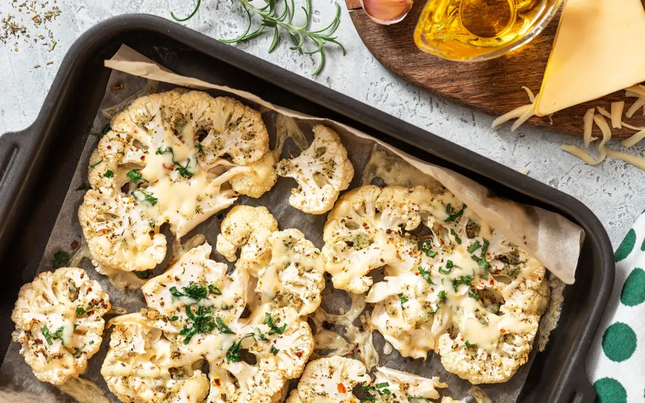 Pieczony kalafior w serze, posypany ziołami i płatkami chili. Idealny pomysł, co do kalafiora na obiad.