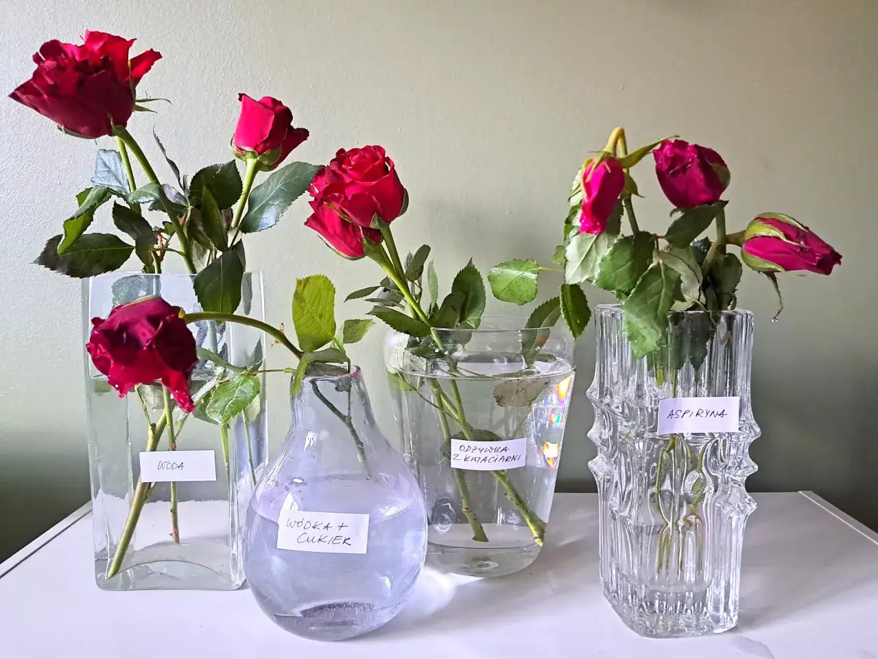 Eksperyment: co dodać do wody do kwiatów? Różne wazony z różami i etykietami: woda, wódka+cukier, odżywka z kwiaciarni, aspiryna.