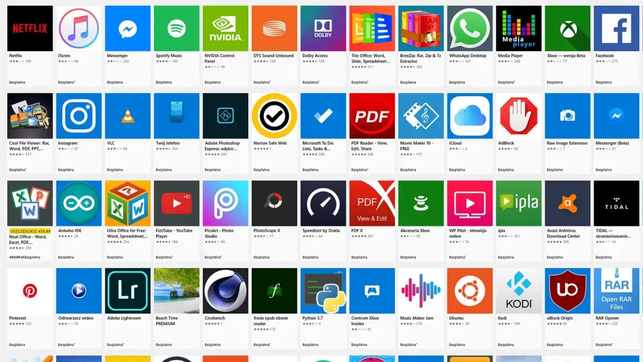Przeglądaj ikony aplikacji, aby dowiedzieć się, jak znaleźć zainstalowane aplikacje. Widzisz Netflix, iTunes, Messenger, Spotify, Adobe Photoshop i wiele innych.