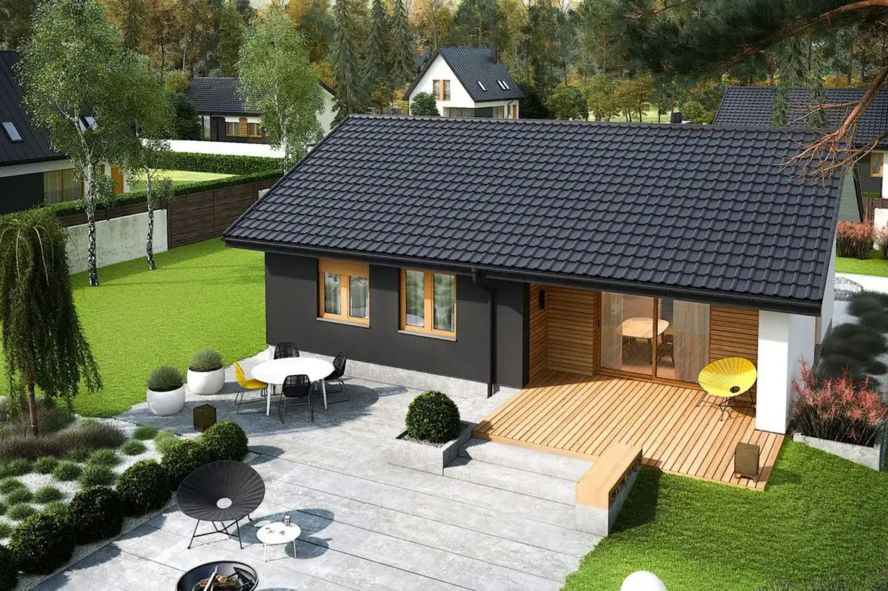 Nowoczesny dom 70m2 z tarasem i ogrodem. Idealna działka pod dom jednorodzinny, z miejscem na relaks i grill.
