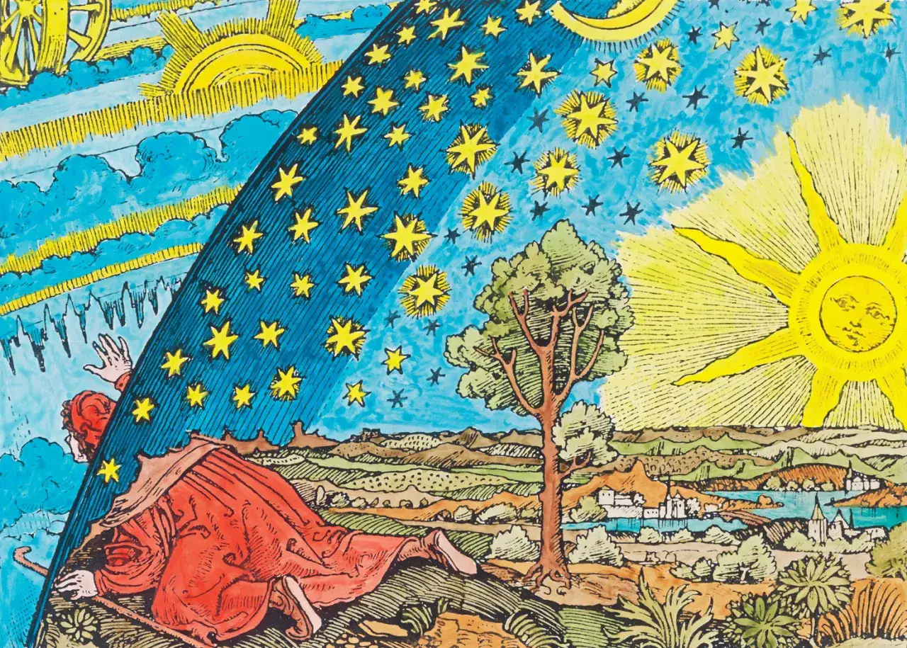 Ilustracja pokazuje, jak udowodnić, że Ziemia jest okrągła, z widokiem na niebo pełne gwiazd i słońce.