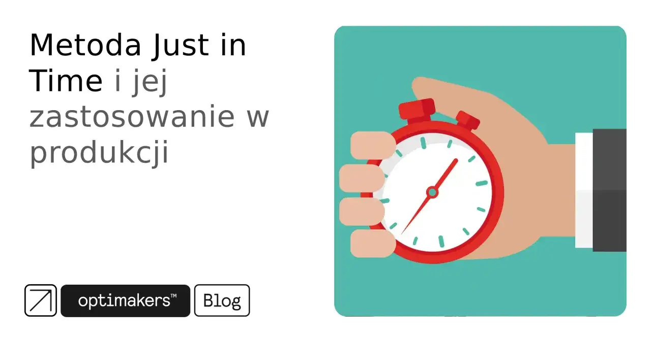 Metoda Just in Time i jej zastosowanie w produkcji. Dłoń trzymająca stoper symbolizuje efektywne zarządzanie czasem.