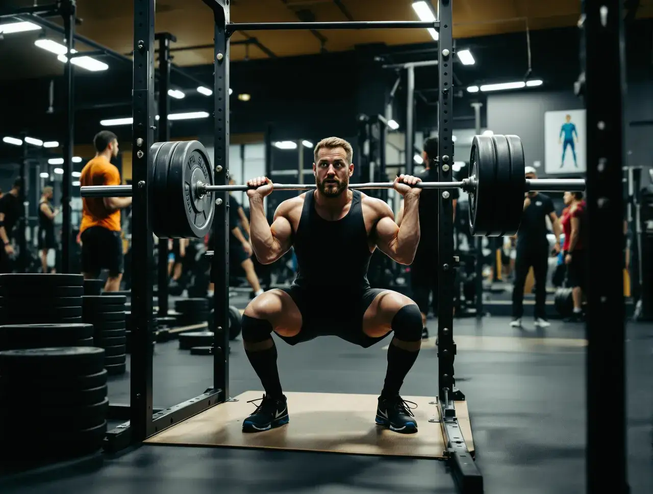 Mężczyzna wykonuje przysiady z obciążeniem na sztandze w siłowni.