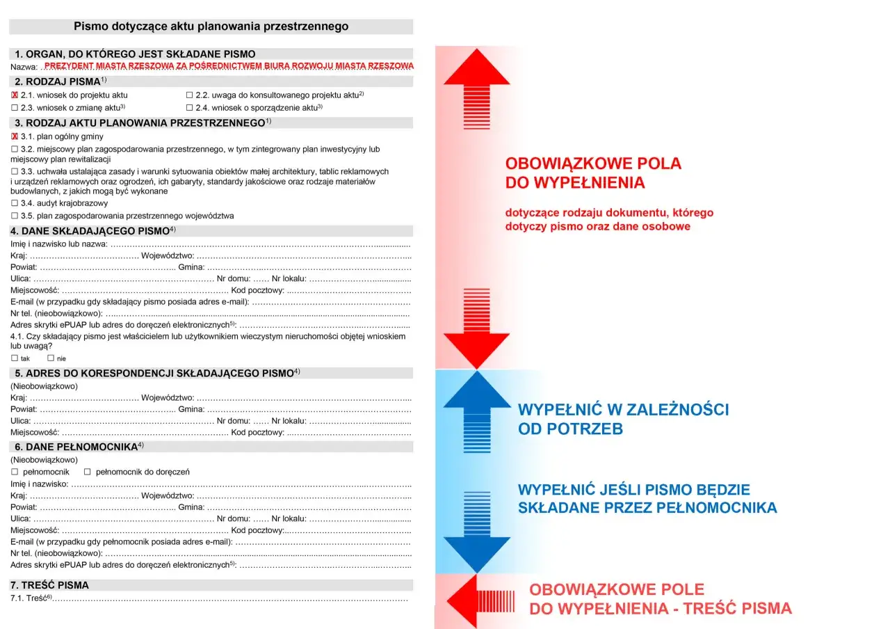 Formularz wniosku o zmianę planu zagospodarowania przestrzennego, z polami do wypełnienia dotyczącymi danych wnioskodawcy i treści pisma.