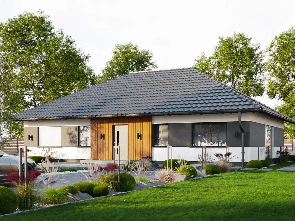 Nowoczesny dom z drewnianą elewacją i szarym dachem 35 stopni. Przed domem zadbany ogr&oacute;d z trawami ozdobnymi i krzewami.