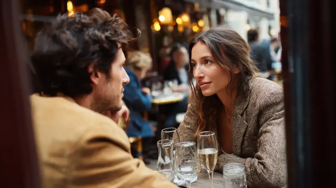 Pierwsze spotkanie z chłopakiem. Para siedzi przy stoliku w kawiarni, patrząc na siebie z uśmiechem.