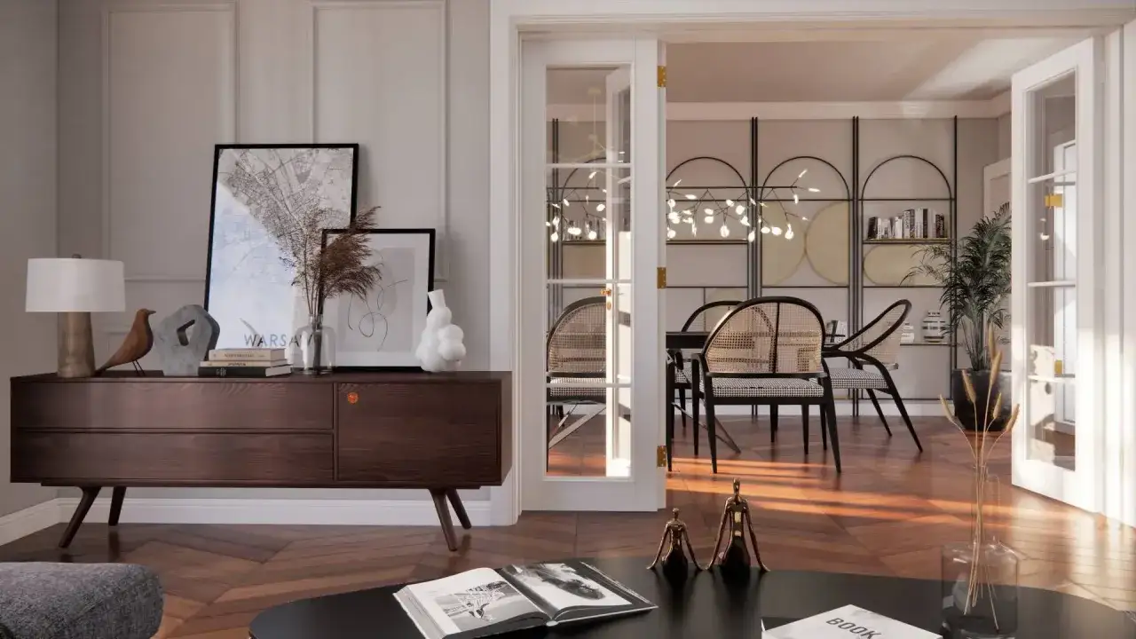 Eleganckie wnętrze w stylu nowojorskim z ciemną komodą, mapą Warszawy i widokiem na jadalnię z rattanowymi krzesłami.