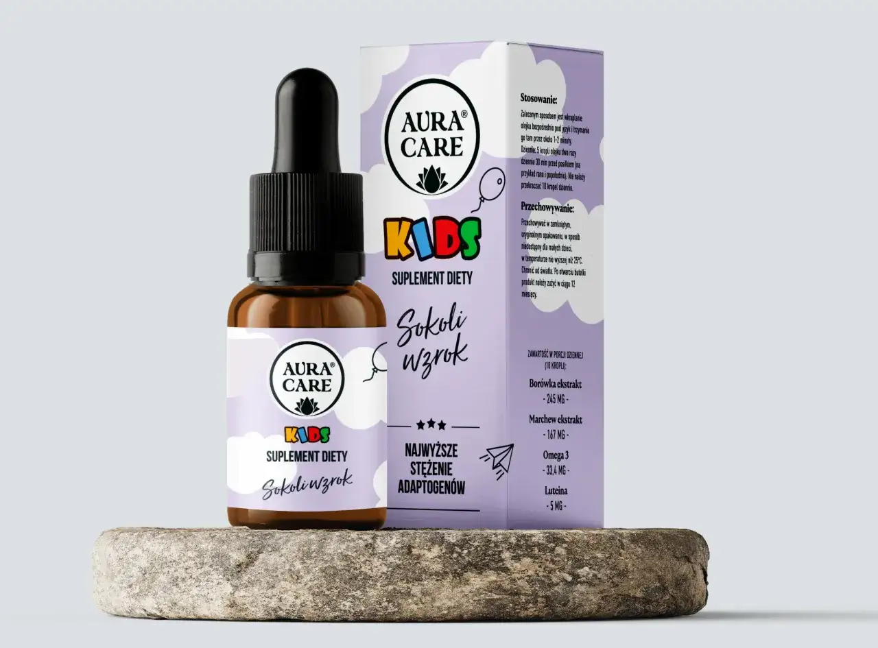 Aura Care Kids Sokoli Wzrok, suplement diety dla dzieci, zawiera luteinę 5 mg, borówkę i marchew.