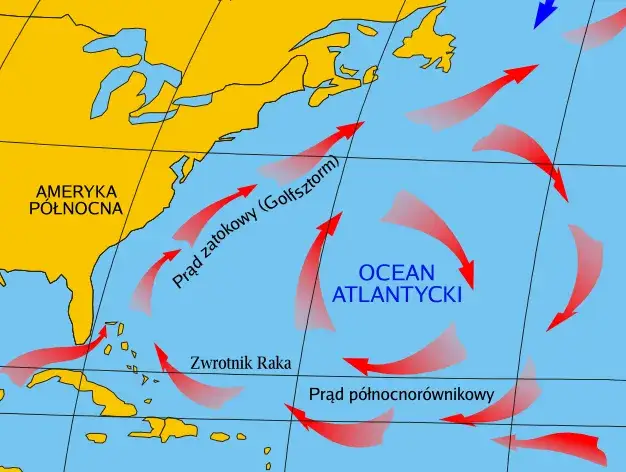 Mapa Prądu Zatokowego i jego wpływ na Europę