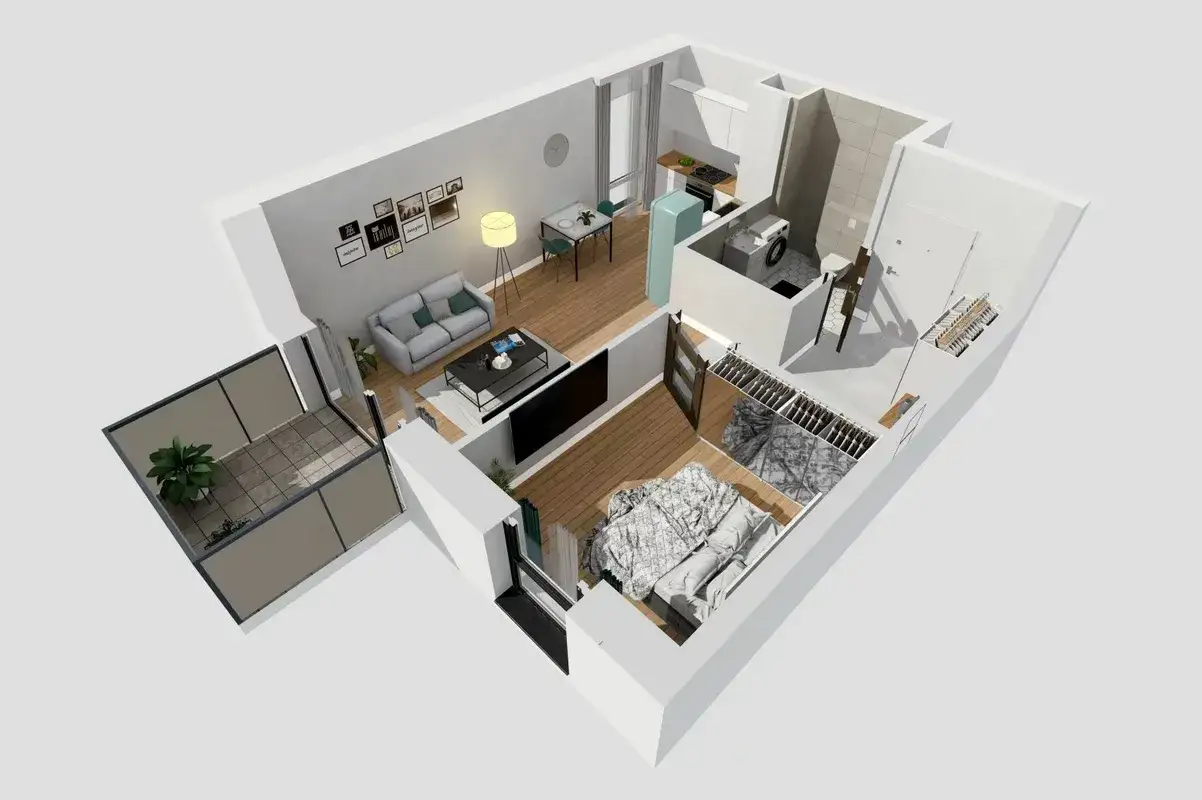 Rzut mieszkania w bloku: salon z sofą i stolikiem, aneks kuchenny, łazienka z pralką, sypialnia z łóżkiem i garderobą, balkon.