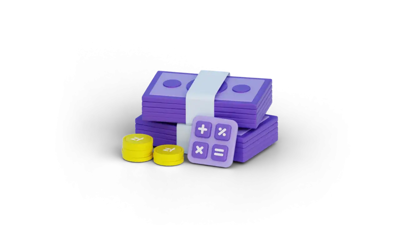 Fioletowe banknoty, monety i kalkulator. Czy loteria 