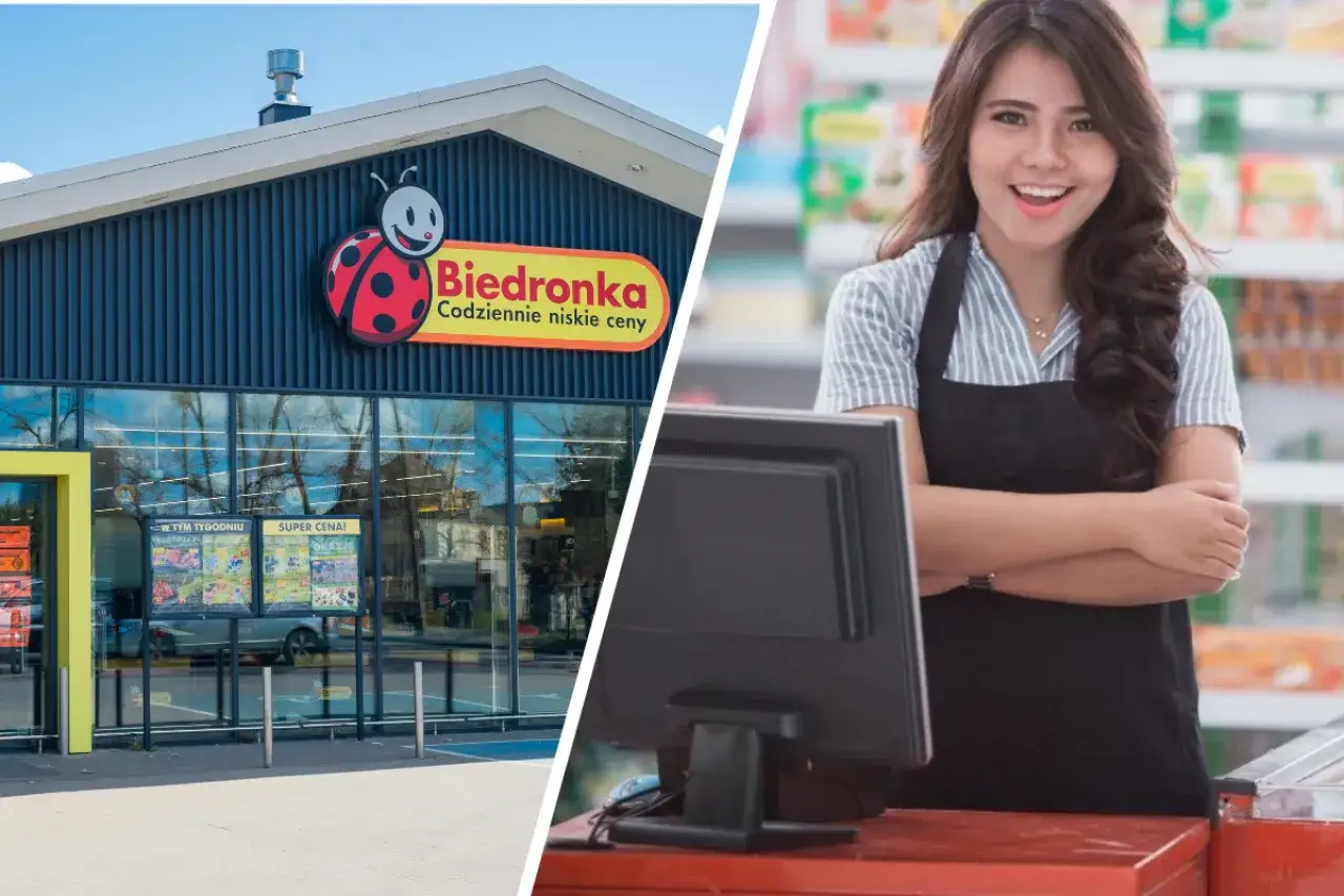 Sklep Biedronka, symbol polskiego retailu, z uśmiechniętą sprzedawczynią przy kasie.