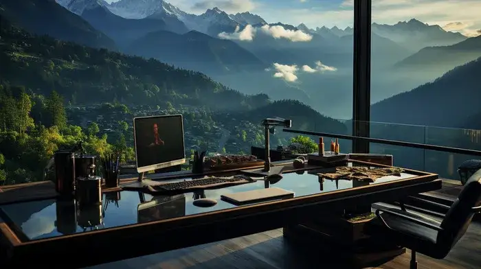 Idyllisches Homeoffice mit Blick auf die Alpen