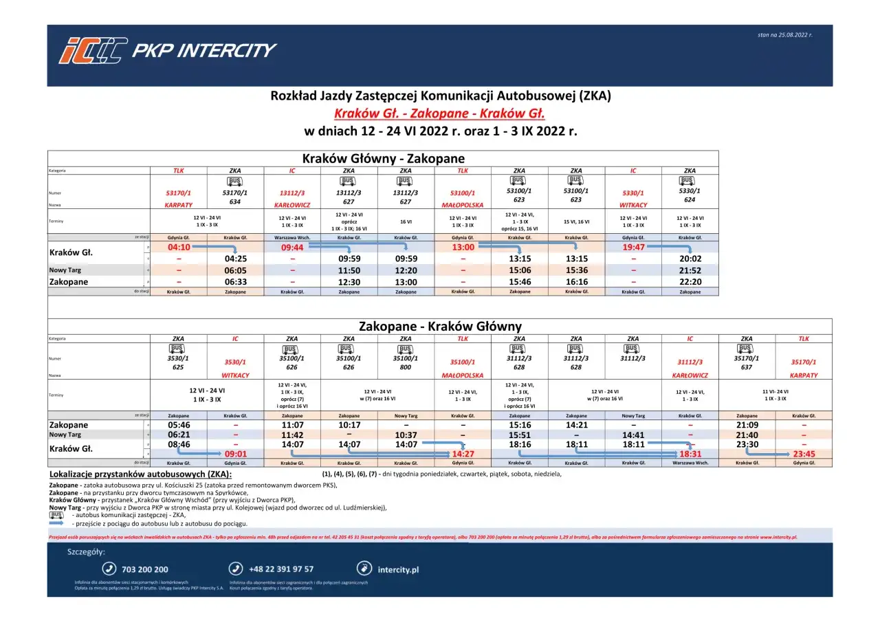 Rozkład jazdy ZKA Kraków - Zakopane. Sprawdź, ile się jedzie z Krakowa do Zakopanego pociągiem lub autobusem.
