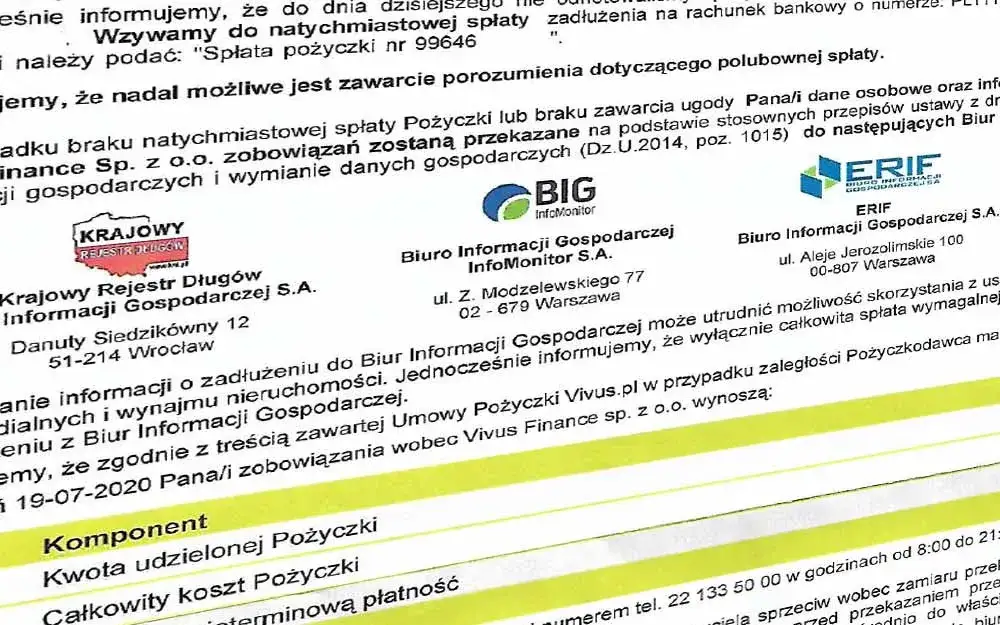 Diagram przedstawiający przepływ danych między firmą pożyczkową a różnymi bazami dłużników (BIK, KRD, BIG InfoMonitor, ERIF)