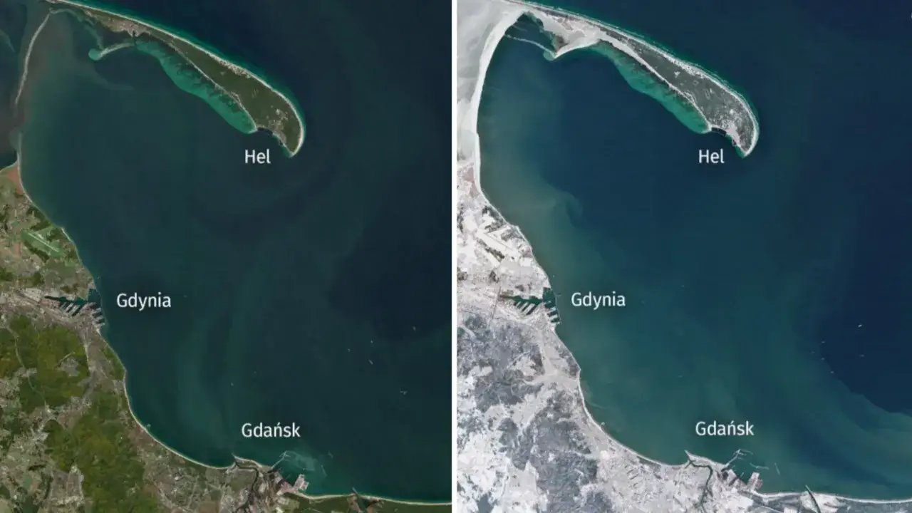 Porównanie Zatoki Gdańskiej: po lewej woda, po prawej lód. Kiedy ostatni raz zamarzł Bałtyk?