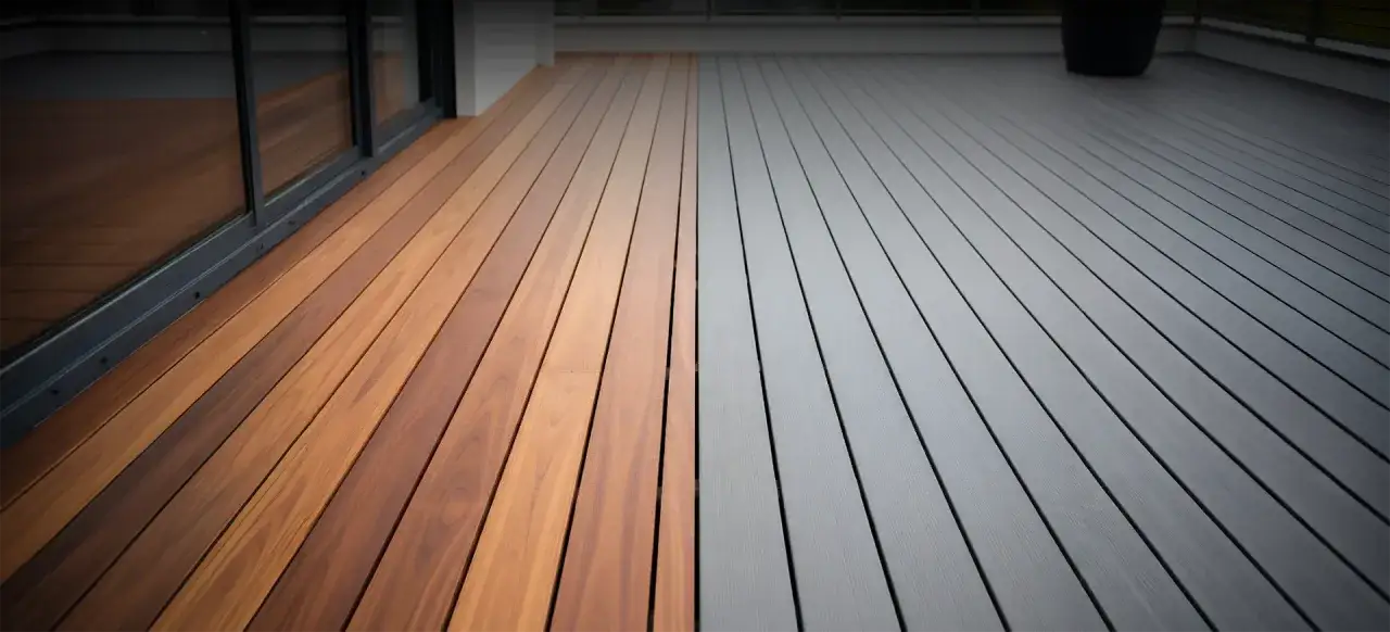 Nowoczesny taras z deski kompozytowej, podzielony na dwie strefy: ciepły brąz i chłodną szarość.