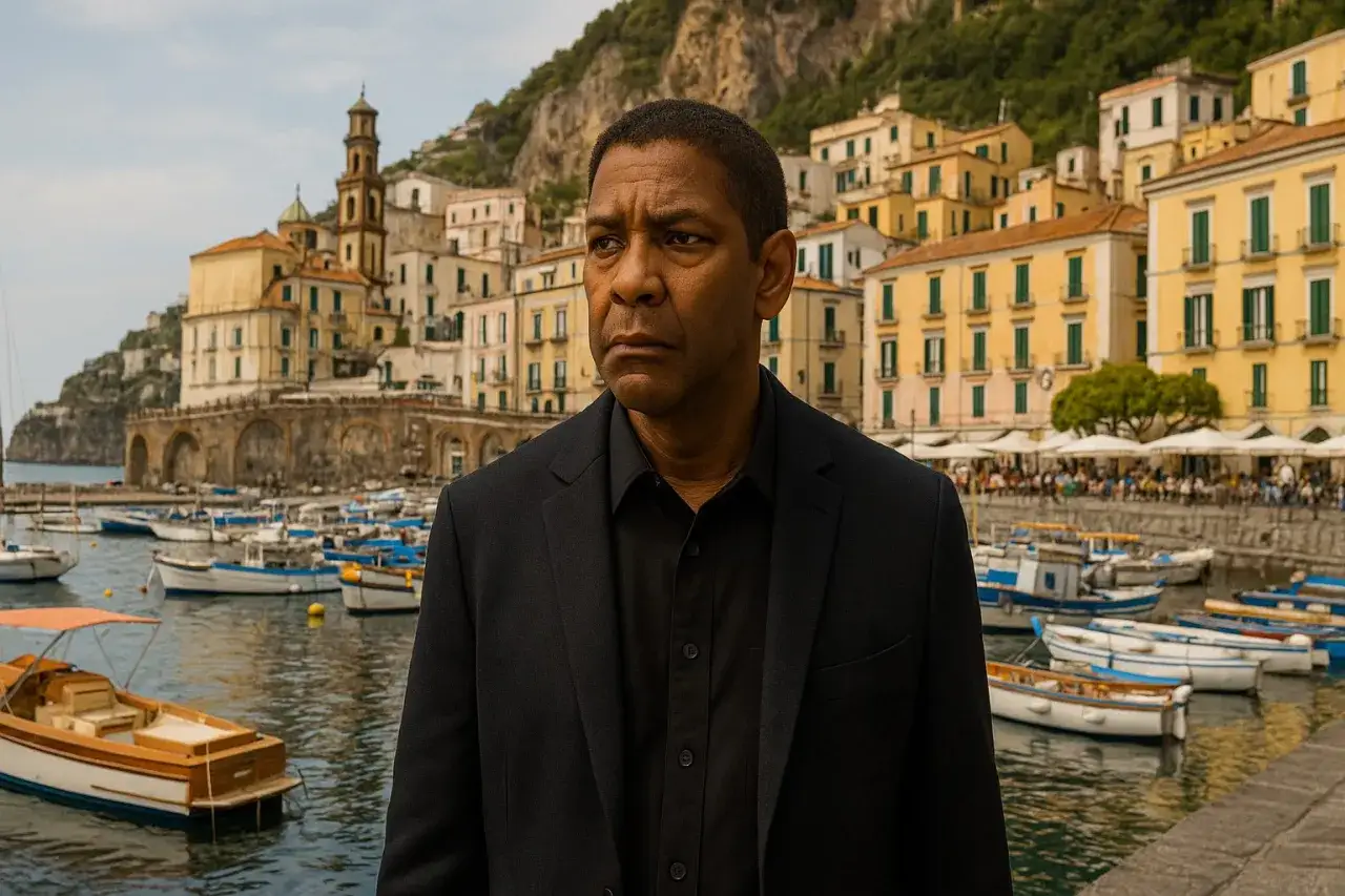 Denzel Washington w czerni, na tle malowniczego włoskiego miasteczka z łodziami. Tu kręcono 
