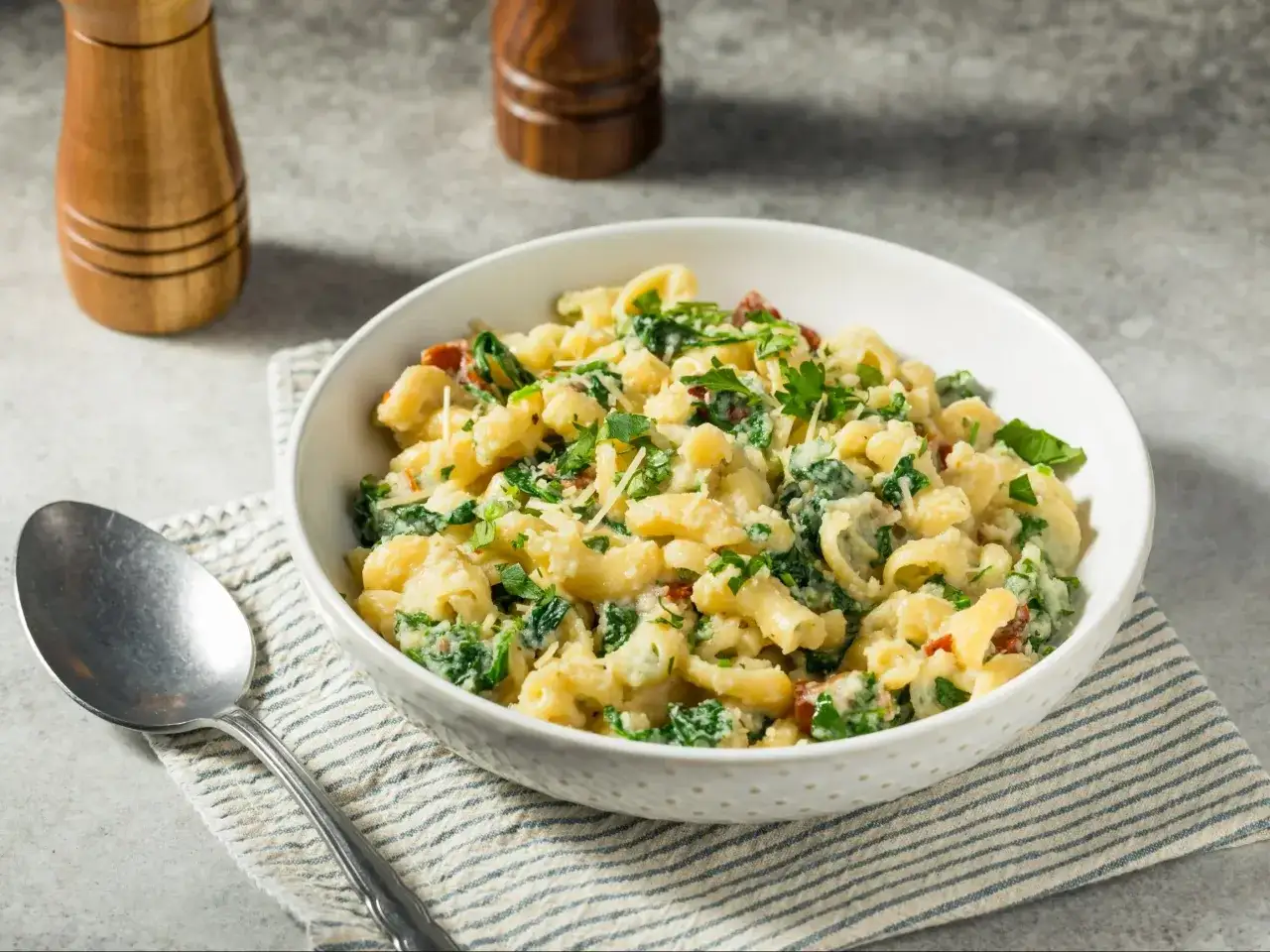 Pyszny makaron z szpinakiem i suszonymi pomidorami, posypany parmezanem. Idealne danie, co można zjeść na obiad.