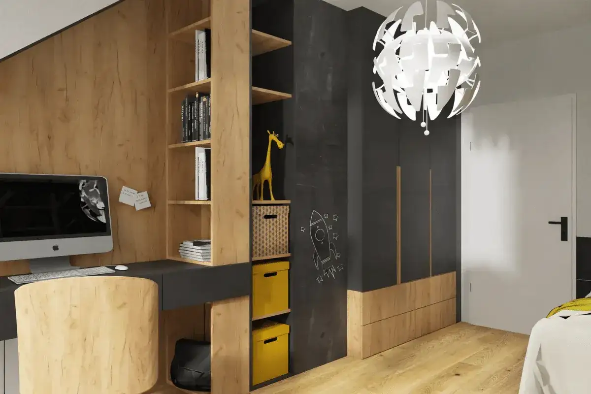 Nowoczesny pok&oacute;j nastolatka z biurkiem, regałem i szafą. Idealne rozwiązanie, jak podzielić pok&oacute;j nastolatk&oacute;w, tworząc funkcjonalne strefy.