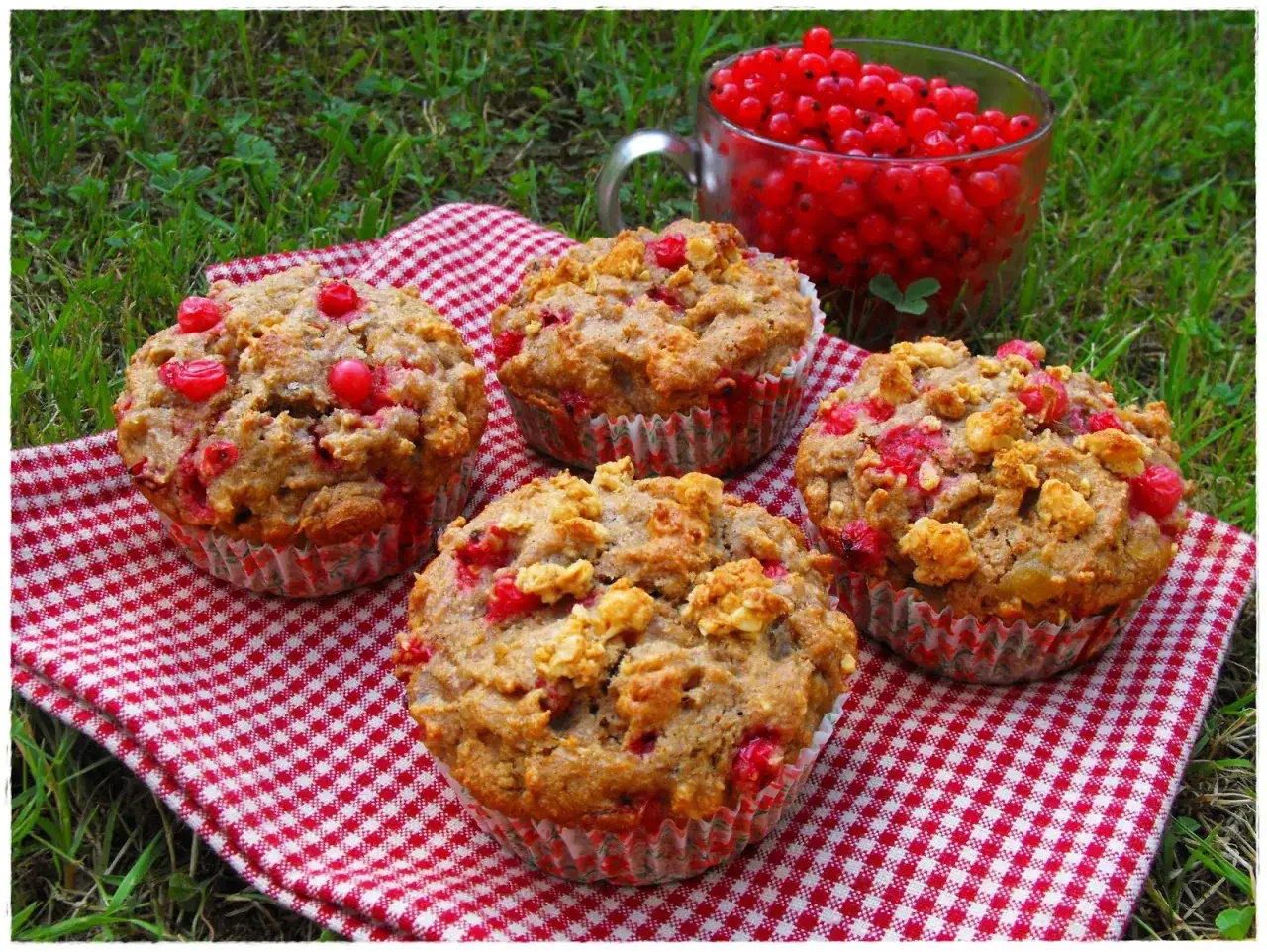 Cztery babeczki z czerwonymi porzeczkami na kratkowanej serwetce. Idealny przepis na zdrowe babeczki, które zachwycą smakiem.