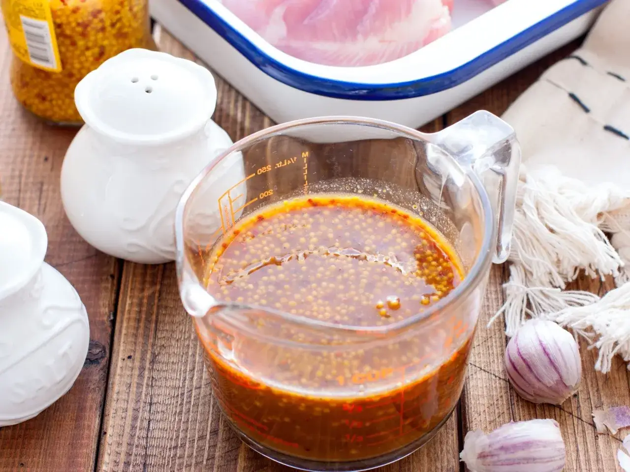 Gotowa zalewa do mięsa w dzbanku, obok przyprawy i czosnek.