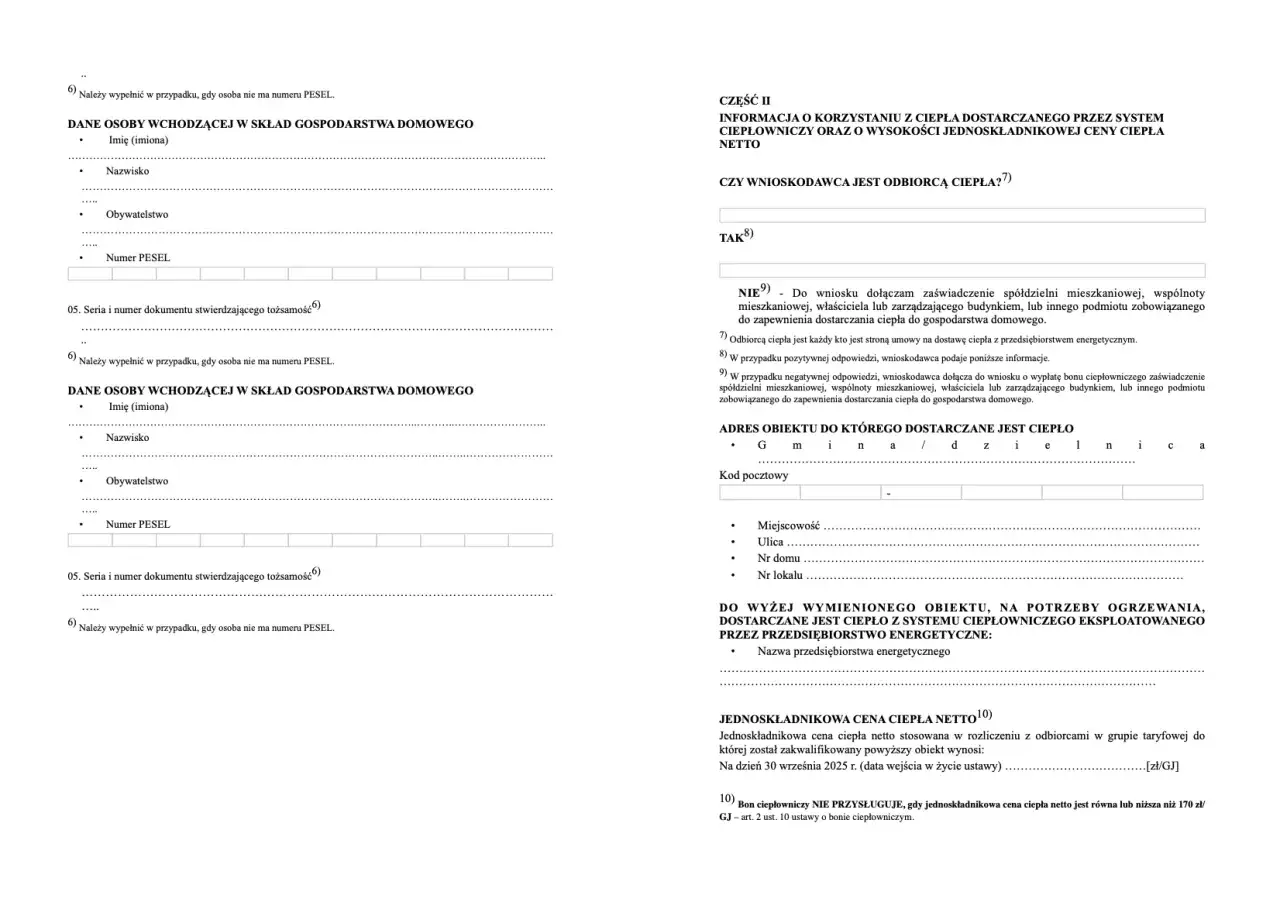 Formularz dotyczy informacji o korzystaniu z ciepła dostarczanego do mieszkania, w tym o dodatku do ogrzewania w bloku.