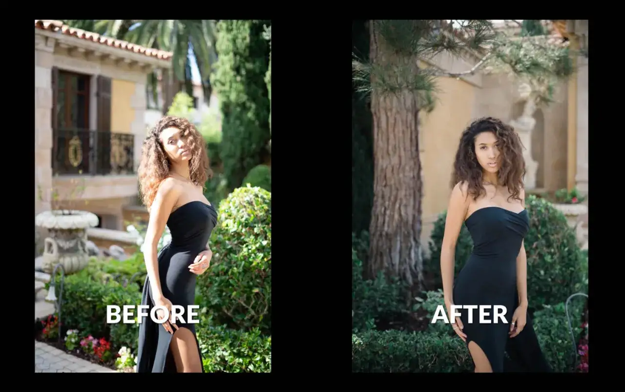 Por&oacute;wnanie zdjęć: przed i po zastosowaniu lampy błyskowej. Kobieta w czarnej sukience pozuje na tle ogrodu.