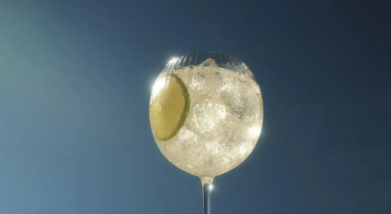 Orzeźwiający drink Martini Bianco z plasterkiem limonki, pełen lodu i bąbelków, na tle błękitnego nieba.