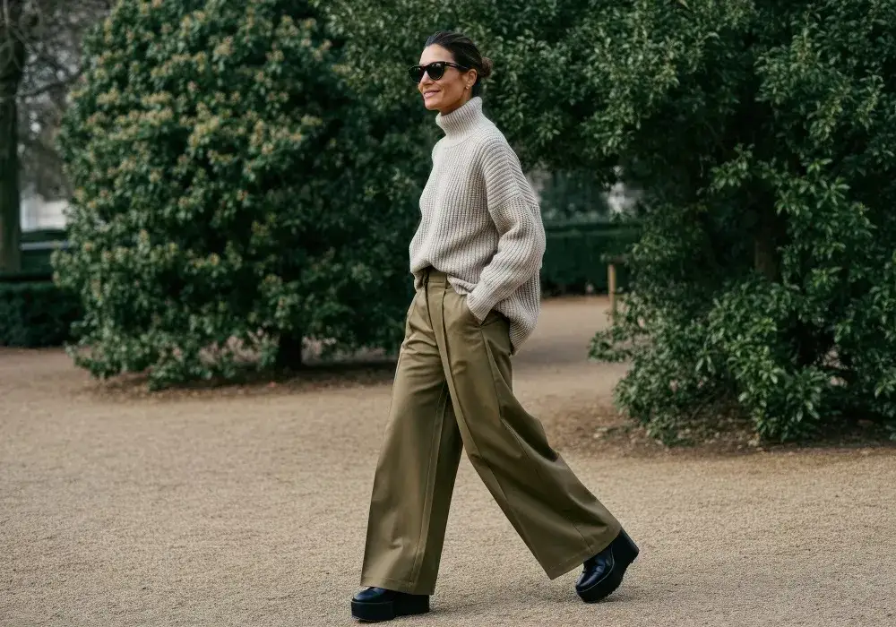 Stylizacje z szerokimi spodniami i dopasowaną górą