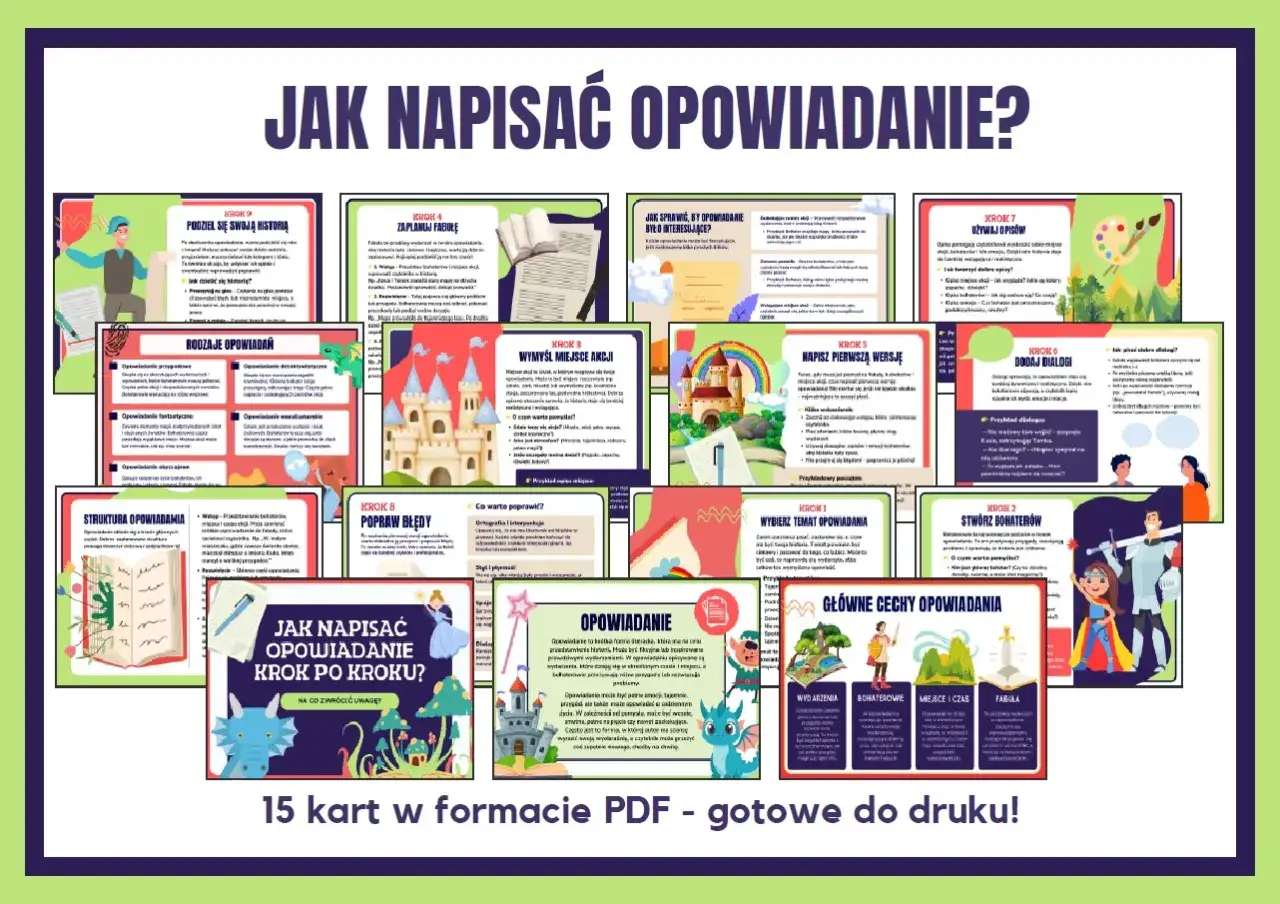 Jak zacząć opowiadanie? 15 kart PDF pomoże Ci stworzyć fascynującą historię krok po kroku, od pomysłu po poprawki.