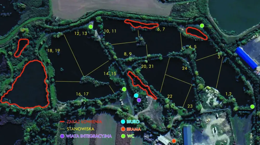 Mapa łowiska El Dorado Kępice z zaznaczonymi zbiornikami