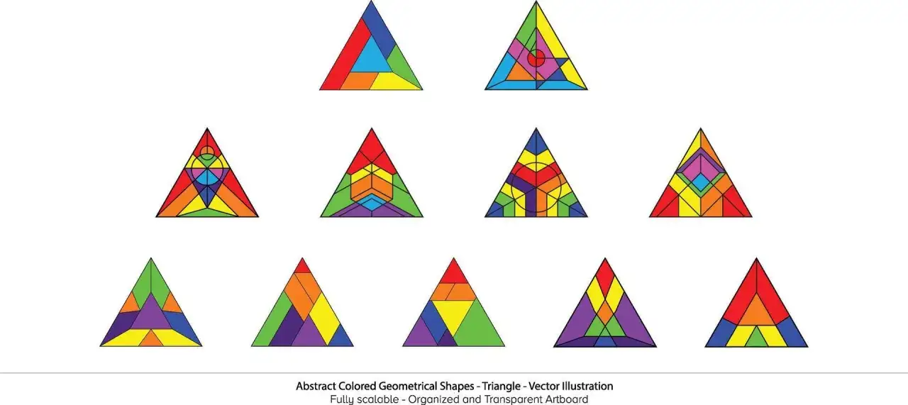 Kolorowe tangram wzory do układania w kształcie tr&oacute;jkąt&oacute;w. R&oacute;żnorodne kompozycje geometryczne.