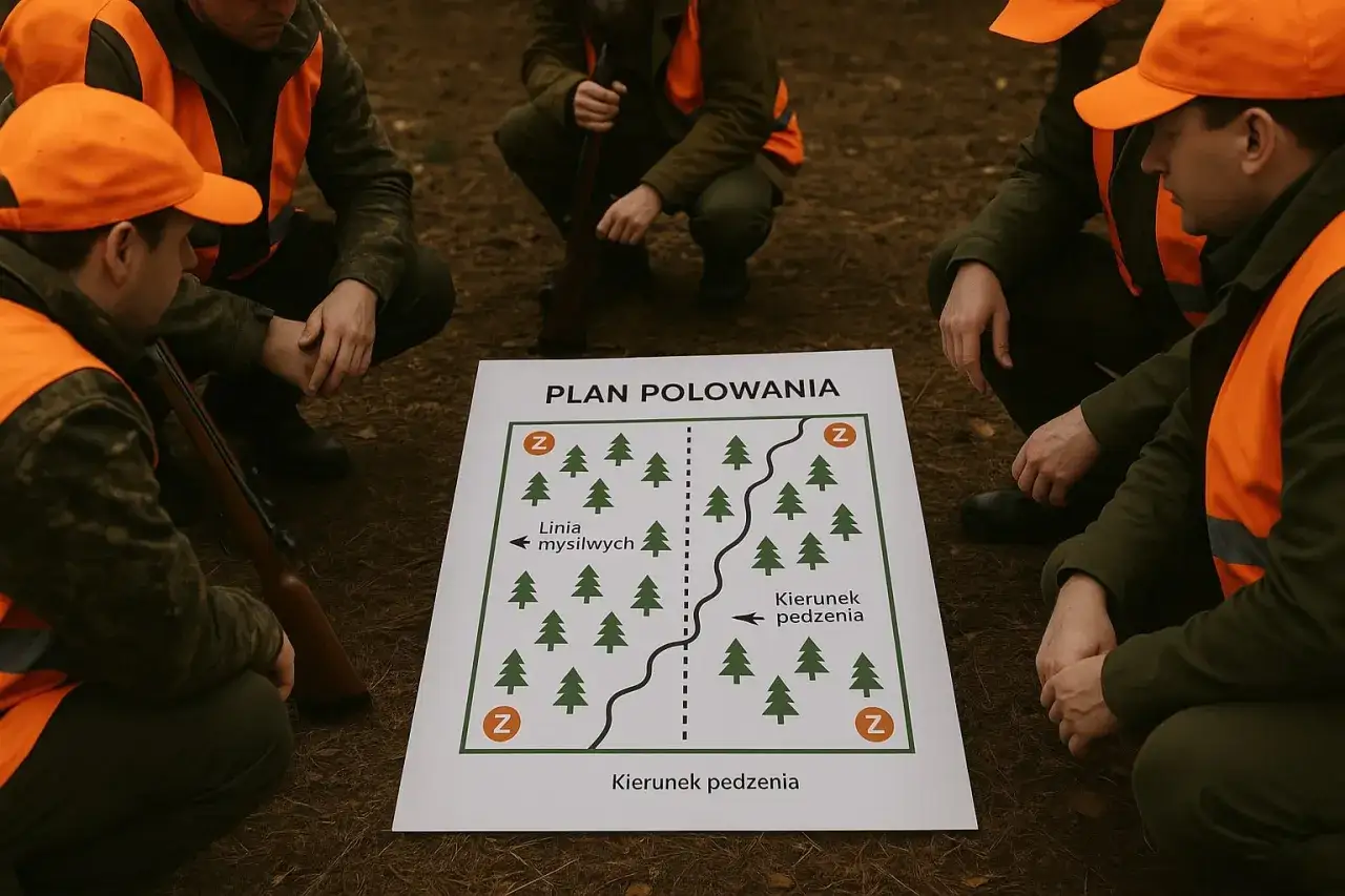 Myśliwi omawiają plan polowania. Czy myśliwy ma obowiązek poinformować o polowaniu? Mapa pokazuje linię myśliwych i kierunek pędzenia.