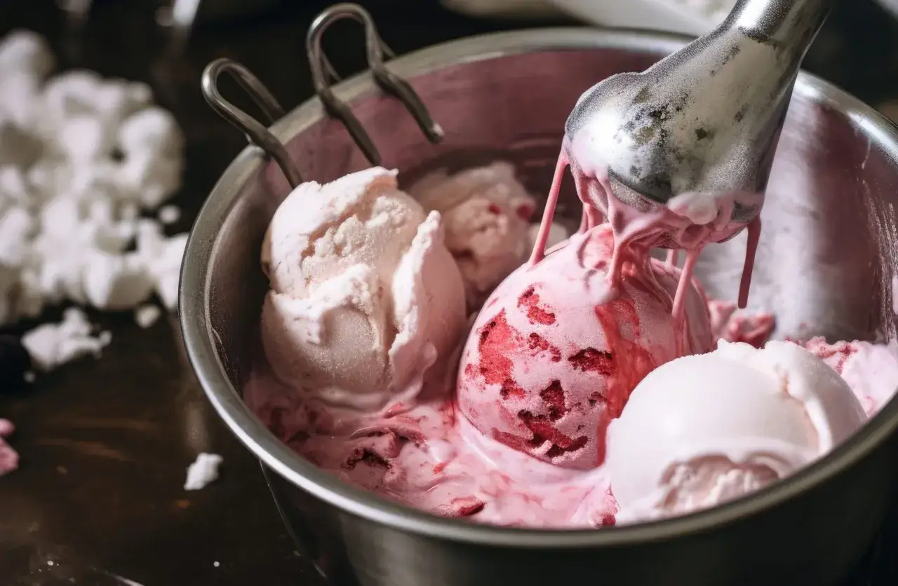Lody rzemieślnicze kontra lody przemysłowe: różowe, owocowe kule lodów w metalowej misce, jedna jest nabierana łyżką.