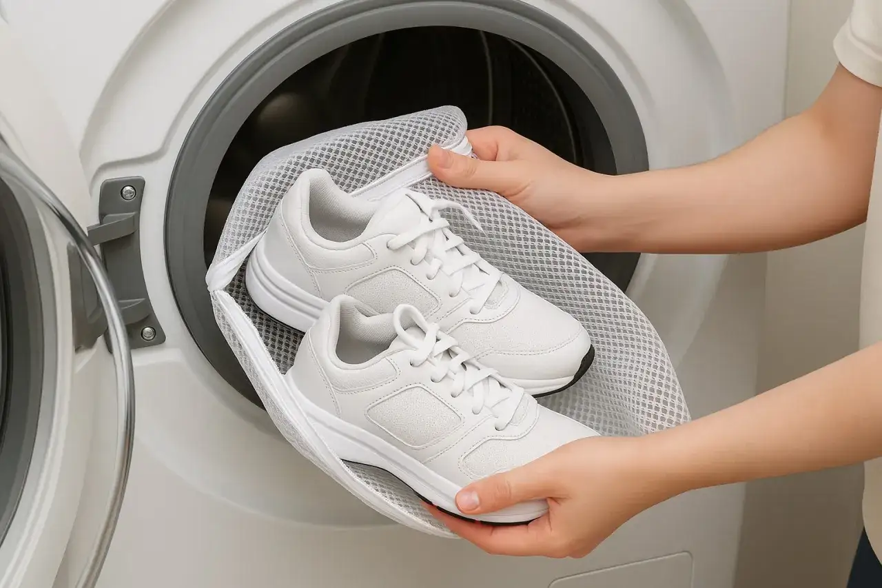 Ręce wkładają białe buty sportowe do siatki, przygotowując je do prania. Zastanawiasz się, w ilu stopniach prać buty?