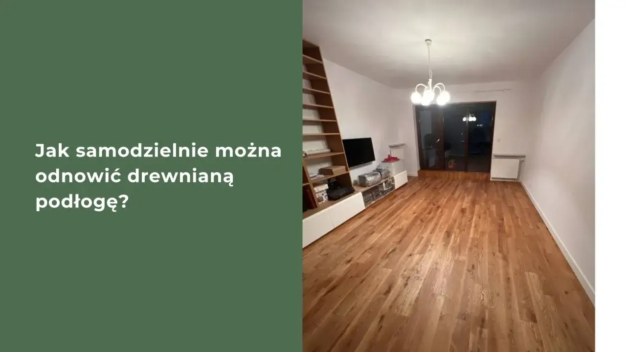 Piękny, odnowiony parkiet po samodzielnym cyklinowaniu. Salon z regałem i meblościanką.