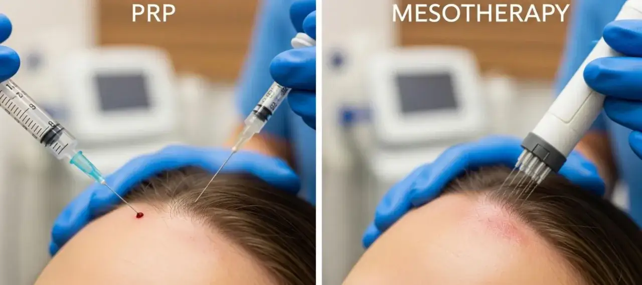 Porównanie zabiegów PRP i mezoterapii igłowej. Widoczne wkłucia i kropla krwi po PRP, a po mezoterapii igłowej urządzenie z wieloma igłami.
