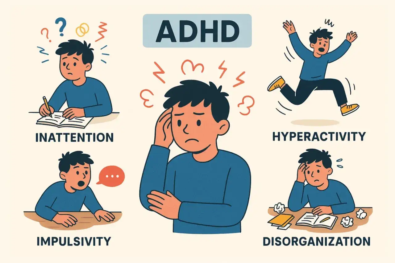 Ilustracja przedstawia r&oacute;żne rodzaje ADHD: brak uwagi, impulsywność, nadpobudliwość i dezorganizację.