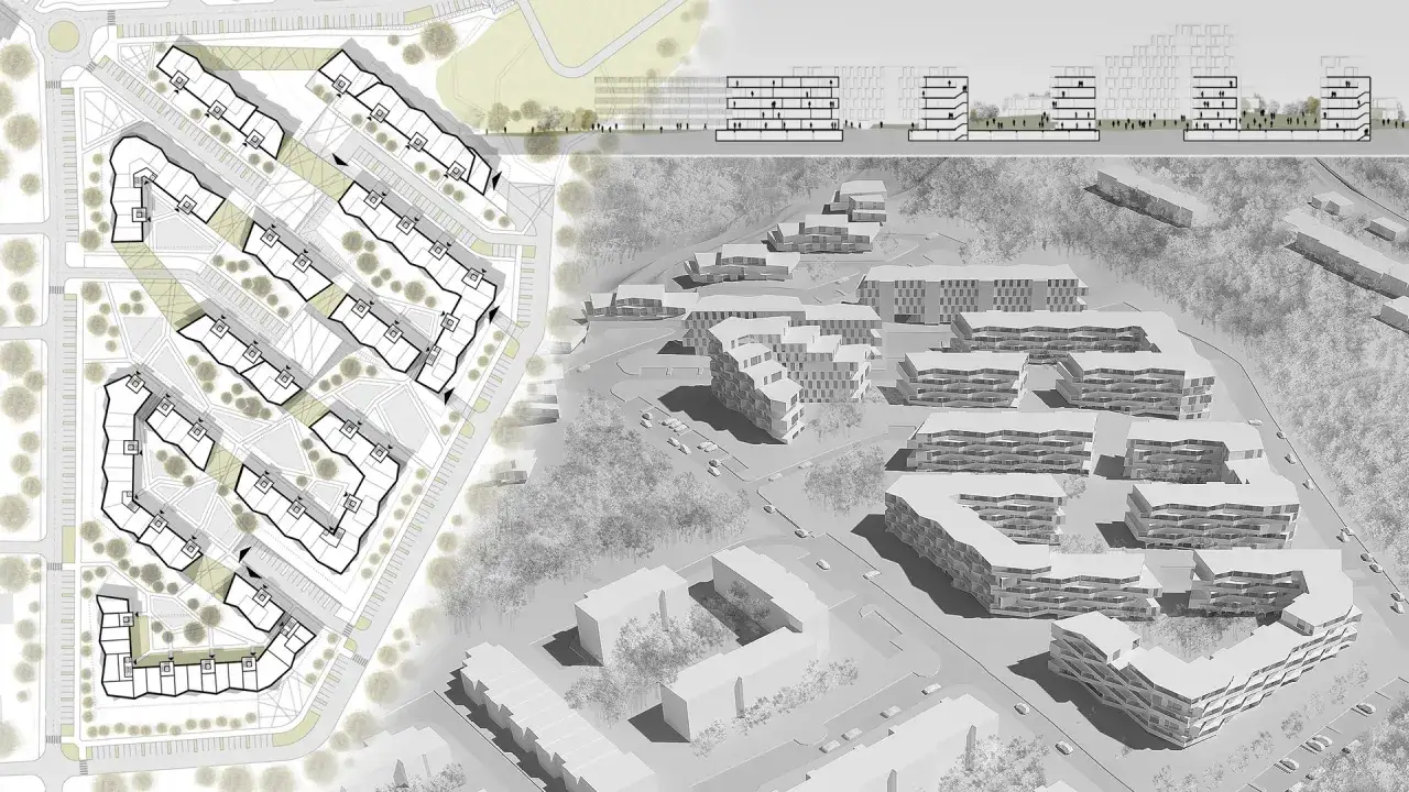 zdjęcie charakterystycznego osiedla mieszkaniowego z elementami architektonicznymi