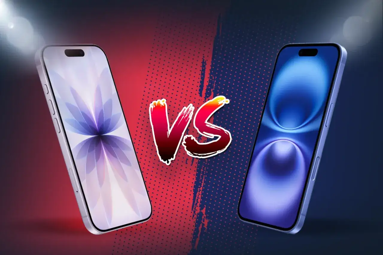 Dwa iPhone'y, jeden srebrny, drugi niebieski, stoją naprzeciw siebie. Czy to zapowiedź, kiedy wychodzi iPhone 16?