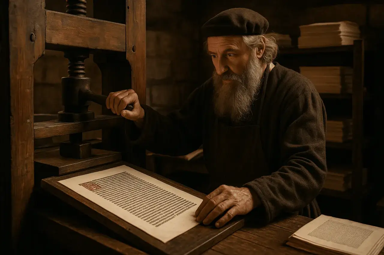 Starszy mężczyzna z brodą przy prasie drukarskiej, przypominający Jana Gutenberga, który wynalazł druk w XV wieku.