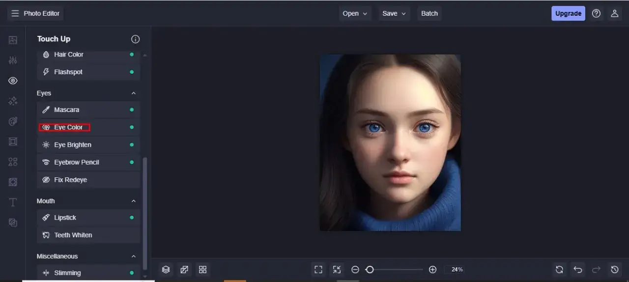 interfejs aplikacji do edycji zdjęć oka