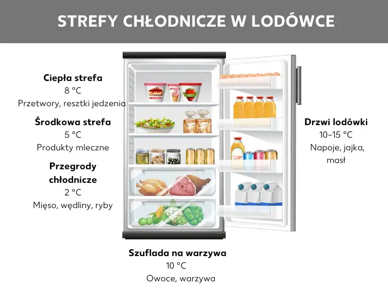 Mapa stref chłodzenia w lodówce z opisem