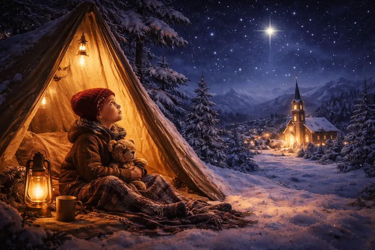 Chłopiec w namiocie, przytulający misia, patrzy na gwiazdę nad ośnieżoną wioską. Ta scena przypomina, kiedy powstała kolęda 